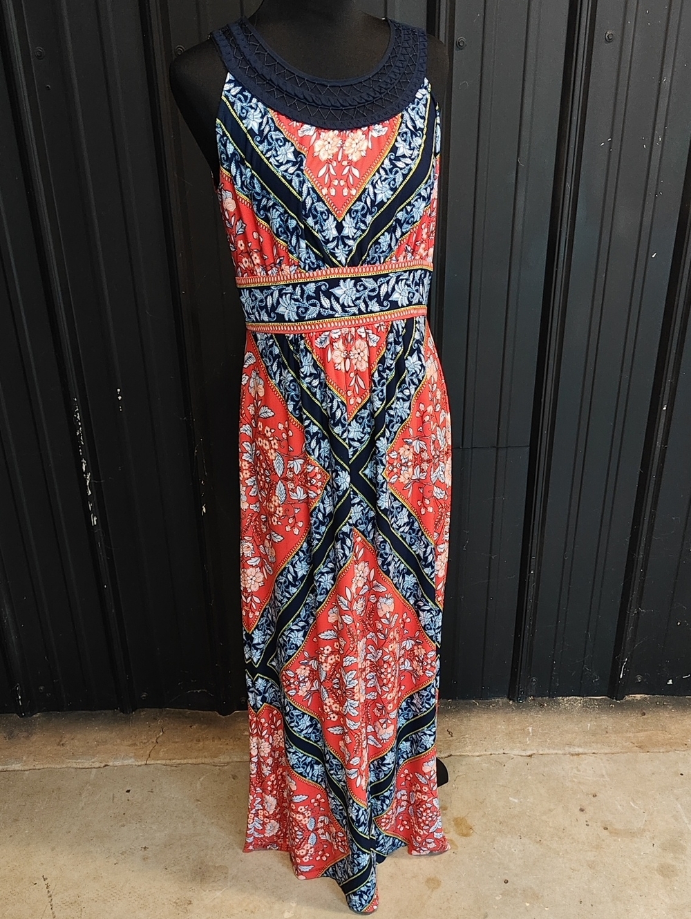 Westport Coral and Navy Patterned Sleeveless Maxi Dress